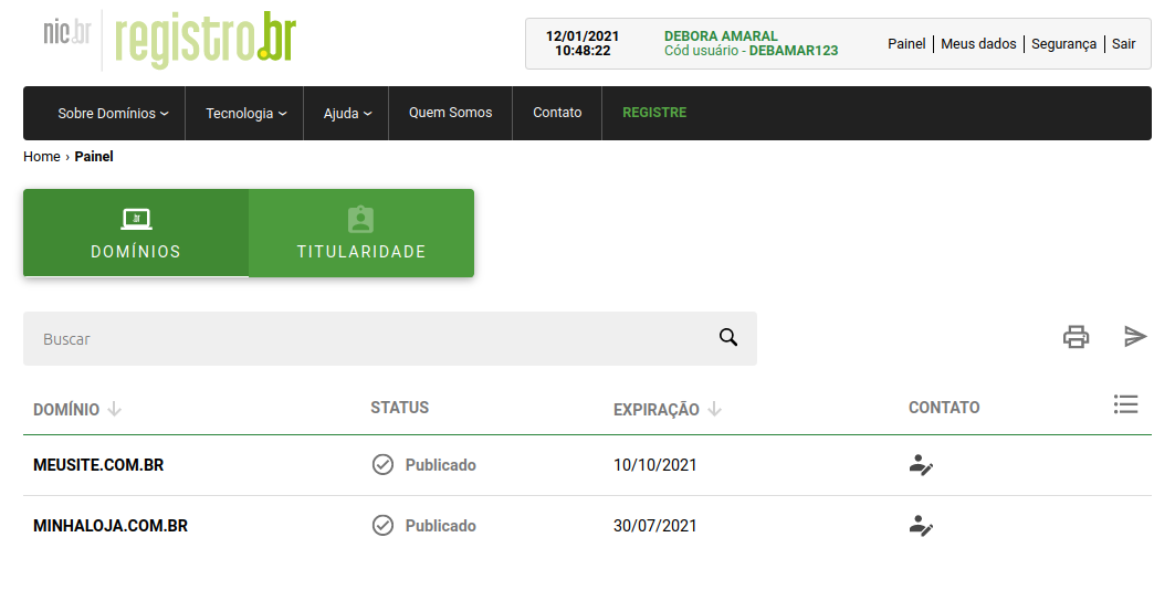 Selecionando domínio no painel da registro.br.