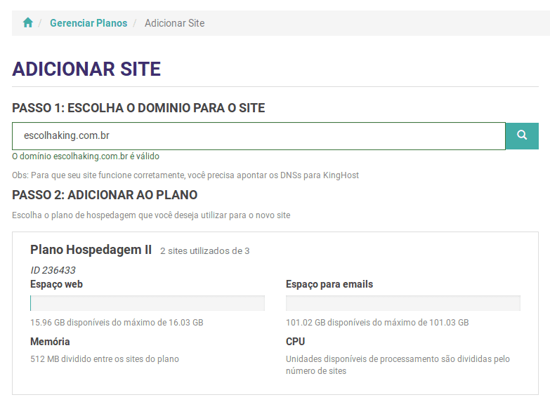 Adicionar um site ao plano