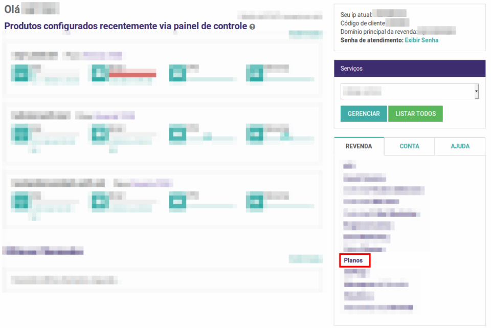 Veja como criar em sua Revenda um plano com adicional WordPress. Esta primeira imagem indica você acessar o painel de controle da KingHost e clicar no lado direito, em Planos.
