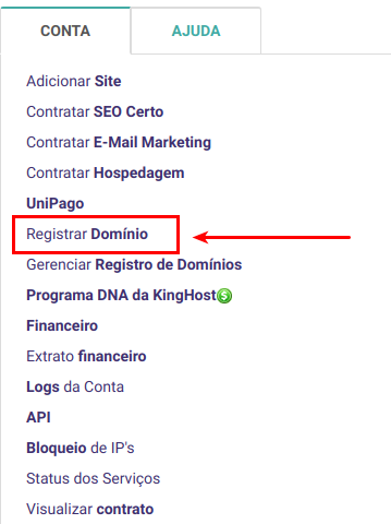 Painel de controle KingHost mostrando opção para registrar um novo domínio.