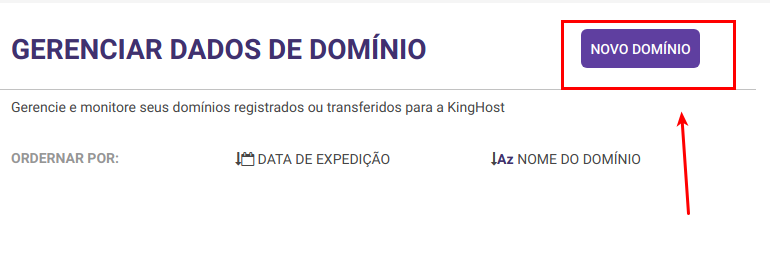 Painel de controle KingHost mostrando o gerenciador de domínio e também o botão para registrar um novo domínio.