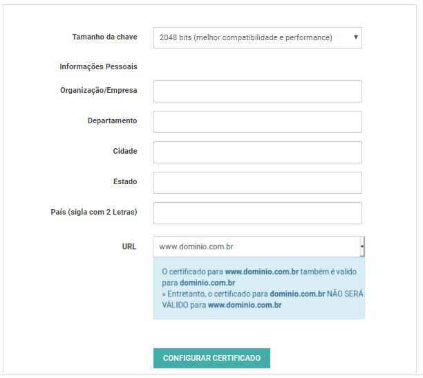 Formulário de configuração do certificado SSL.