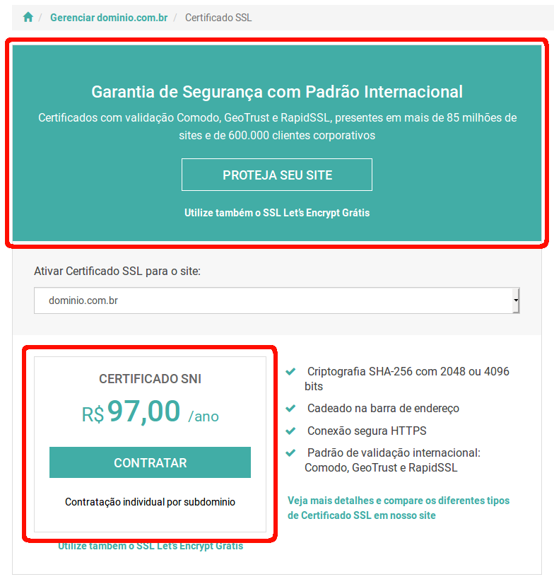 Esta imagem exibe o painel de controle, onde é possível contratar o certificado SSL.