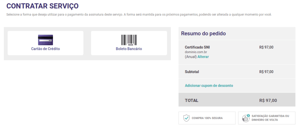 Esta imagem exibe a contratação do certificado SSL, onde é possível escolher a forma de pagamento.