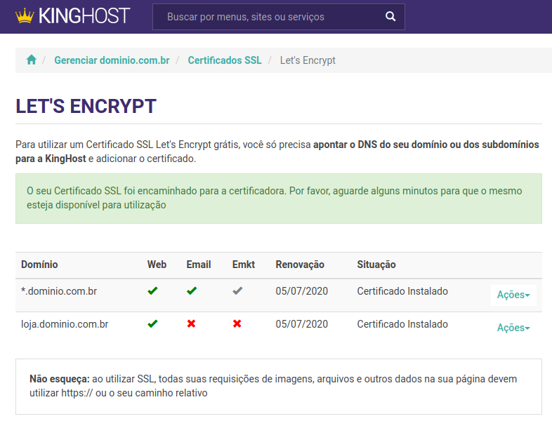 kinghost certificado ssl
