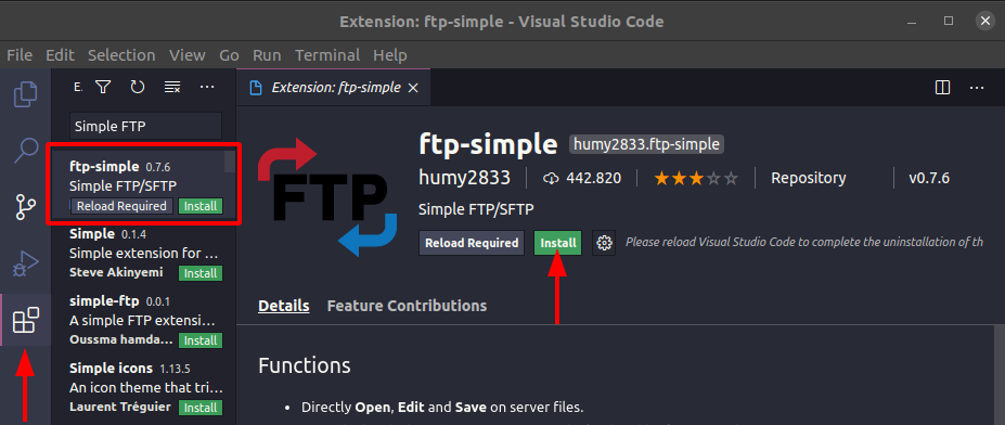 Baixando o plugin Simple FTP para poder utilizar o Visual Studio.