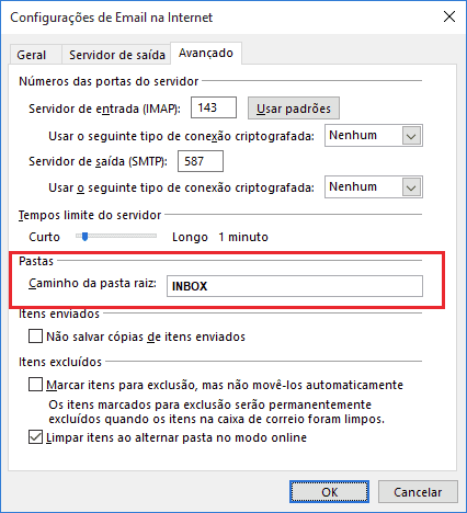 Deverá ser incluído o campo INBOX no caminho da pasta raíz.