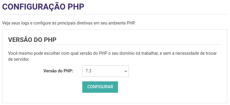 Configuração da versão do PHP.