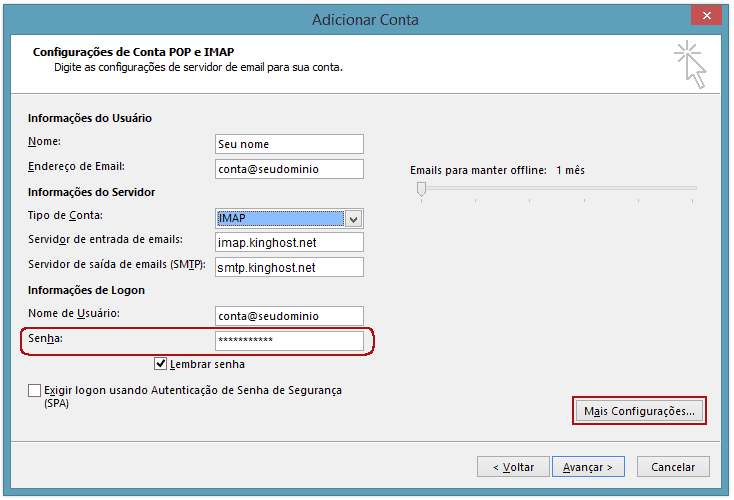 Aqui você pode alterar os servidores de entrada e saída, informar uma nova senha para a conta e editar mais configurações.