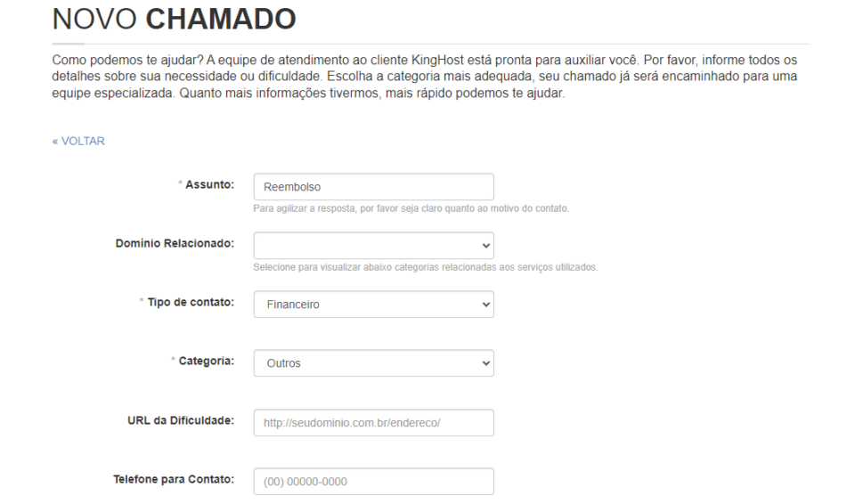 Selecione o tipo de contato como Financeiro ao abrir um chamado para solicitação de reembolso