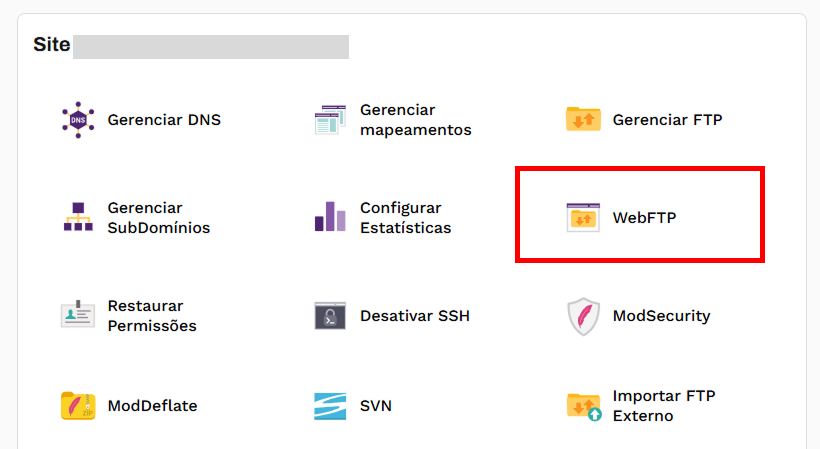 Área de ferramentas disponíveis no plano de Hospedagem. O WebFTP está em destaque.