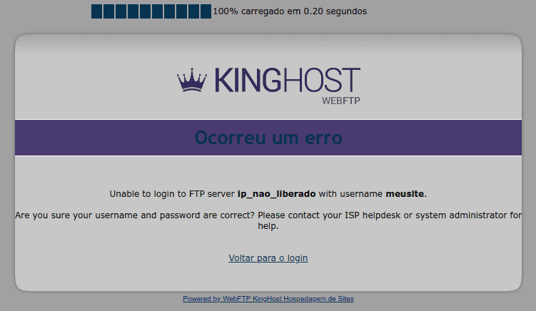 Mensagem dizendo que ocorreu um erro. Na descrição, há uma mensagem em inglês que diz: “Unable to login to FTP server nome_servidor with username name. Are you sure your username and password are correct? Please contact ISP helpdesk or system administrator for help”