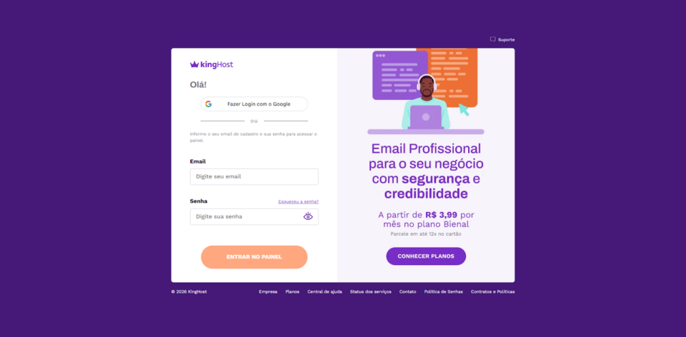 Tela de login do painel de controle KingHost.
