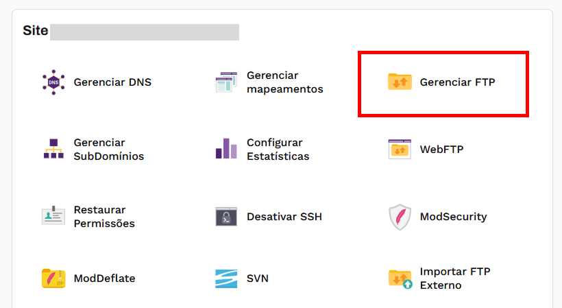 Área de ferramentas disponíveis no plano de hospedagem. A opção de gerenciar FTP está em destaque.