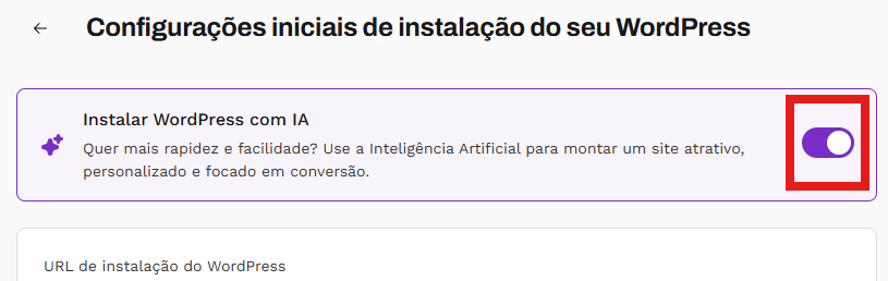 imagem do banner na parte superior da página. A opção de instalar o WordPress com IA está ativada.