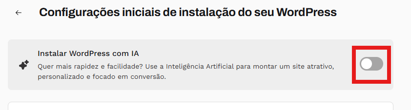  imagem do banner na parte superior da página. A opção de instalar o WordPress com IA está desativada.