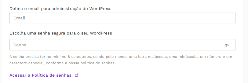 imagem dos campos de email e senha. Logo abaixo do segundo campo, é possível encontrar um texto explicativo simples ensinando como a senha deve ser estruturada.