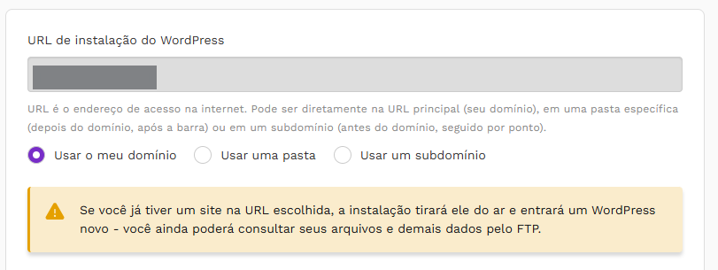 imagem do campo onde é possível escolher a URL em que o WordPress será instalado.