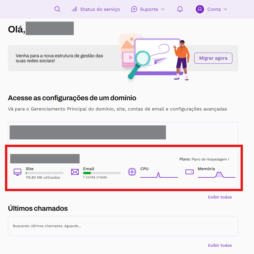 imagem da página inicial do painel de controle destacando uma Hospedagem de Sites disponível na conta.