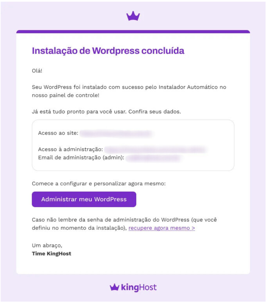  imagem do email de confirmação enviado após a instalação do WordPress.